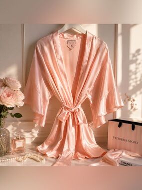Victoria’s Secret Satin Feel Pink Kimono Robe | Tie Waist | Feminine Loungewear